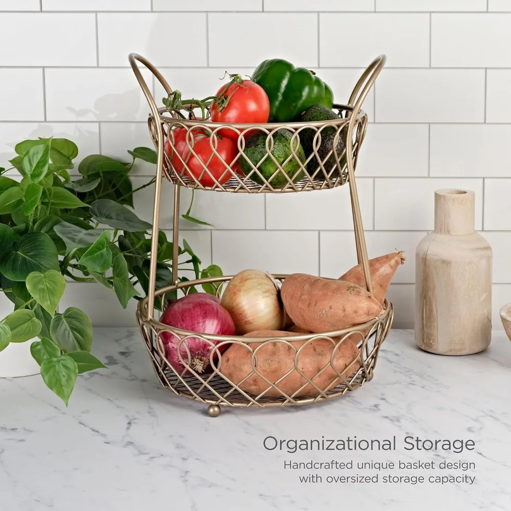 2-Tier Round Metal Fruit Storage Basket with Matte Gold Finish, Large Capacity for Kitchen & Home