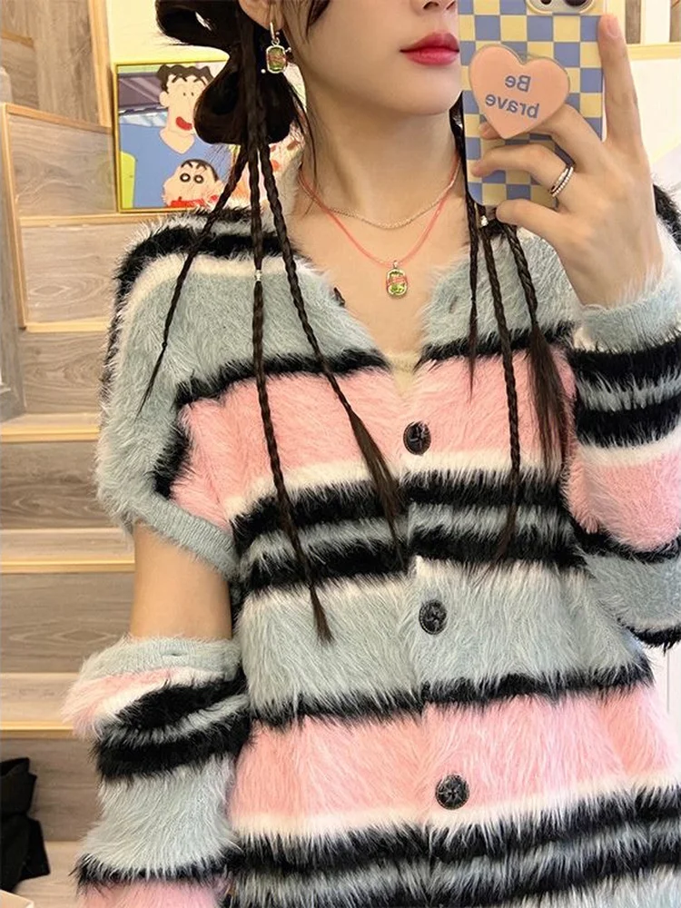 KOSAHIKI Kawaii Rainbow Striped Cardigan Women Detachable Long Sleeve Fluffy Sweater Coat Japanese Y2k All Match Kardigan Jacket