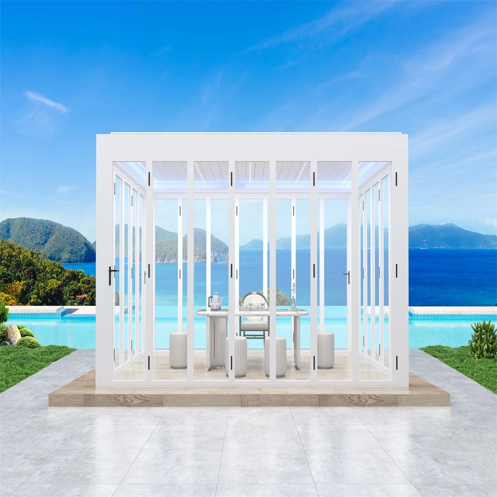 Bioclimatic Pergola with Glass Door Waterproof Strong Windproof  Snow Carrying Capacity LED Motor Manual Roof