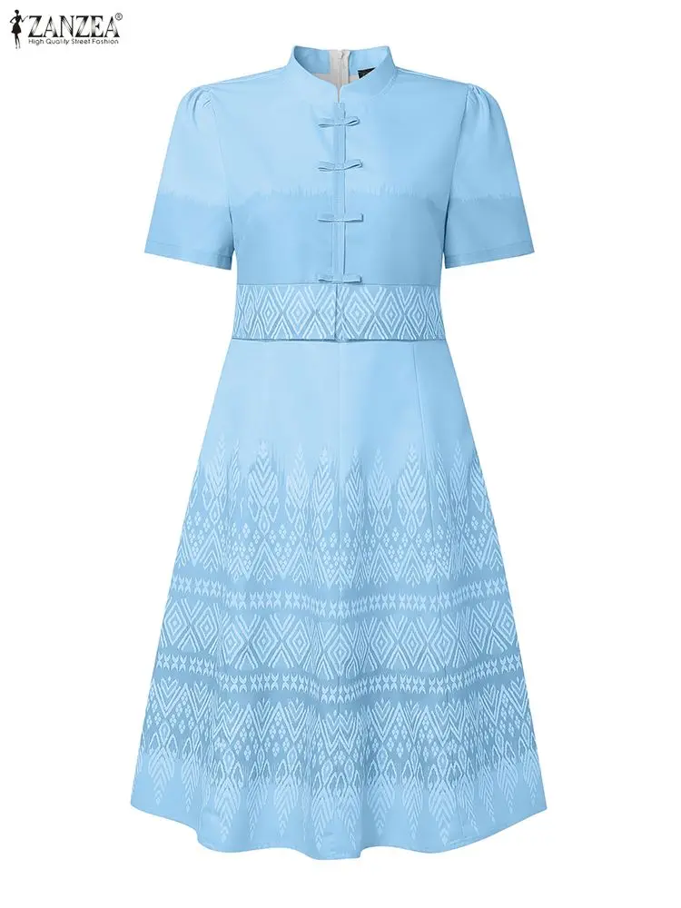 

Chinese Style Knee-Length Sundress 2025 ZANZEA A-Line Robe Femme Short Puff Sleeve Vestidos Fashion Elegant Office Ladies Dress