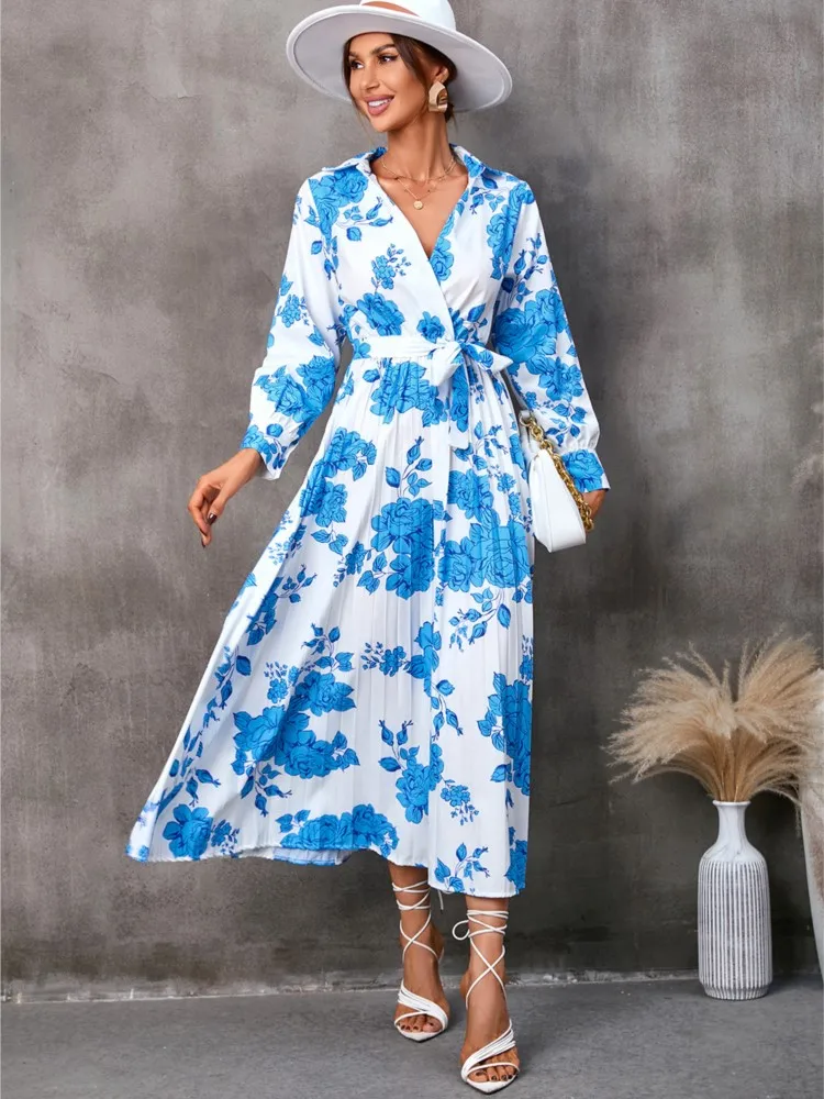 

Women's Fashion Floral Printed Long Dresses 2025 Summer V Neck Lace-up Office Lady Elegant Party Vestidos Female Casual Clothing