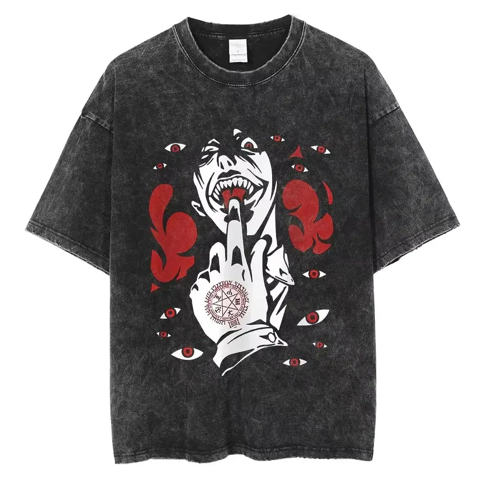 Vintage Manga T-shirts Anime Hellsing Alucard Graphic Washed T Shirt High Street Cotton Tshirt Harajuku Casual Loose Tops Unisex
