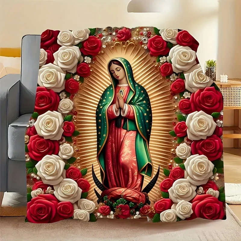 Virgin Mary with Roses Pattern Flannel Throw Blanket, All-Season Multipurpose for Home Decor, Nap,Office Shawl,Sofa,Travel