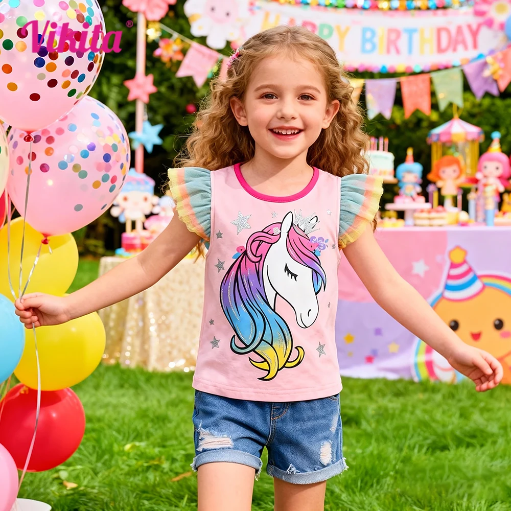 VIKITA Mädchen-T-Shirt aus Baumwolle, lässig, ausgestellte Ärmel, Sommer-T-Shirt für Kinder, glitzernd, bunt, Einhorn, festlich, niedlich, täglich, rosa, Prinzessin, Tops, T-Shirts