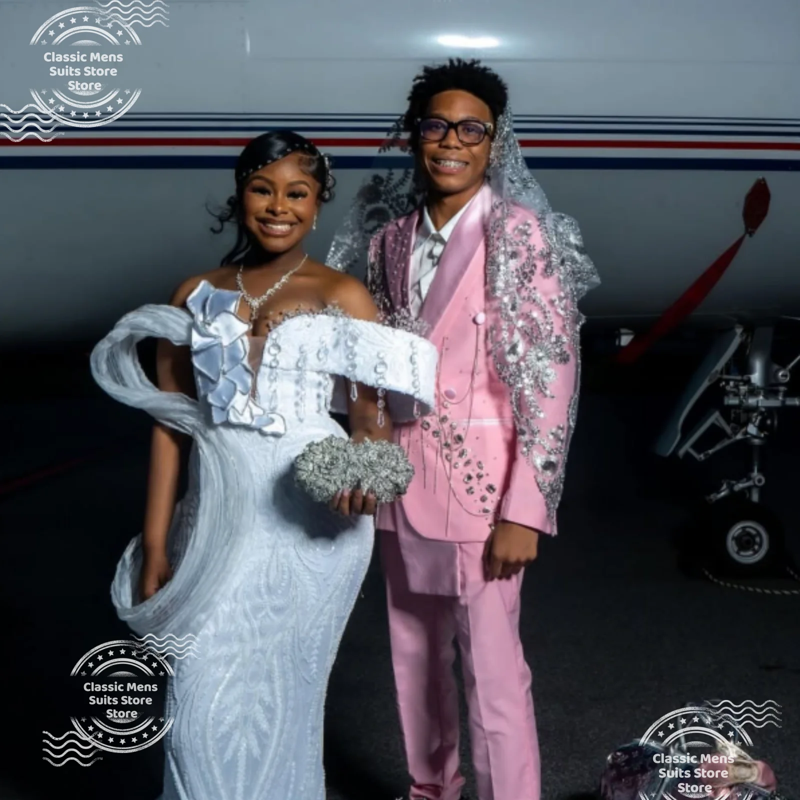 Customized Beading Men suits For Evening Groom Fashion Jewelry Crystal Male Prom Party Glitter Blazer 2 Pieces Sets Tuxedos Slim