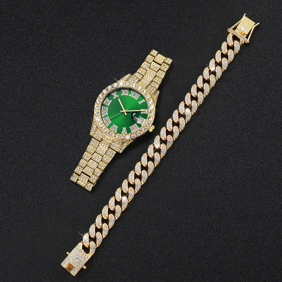 2PCS Luxury Rhinestone Men's Analog Quartz Watch Set