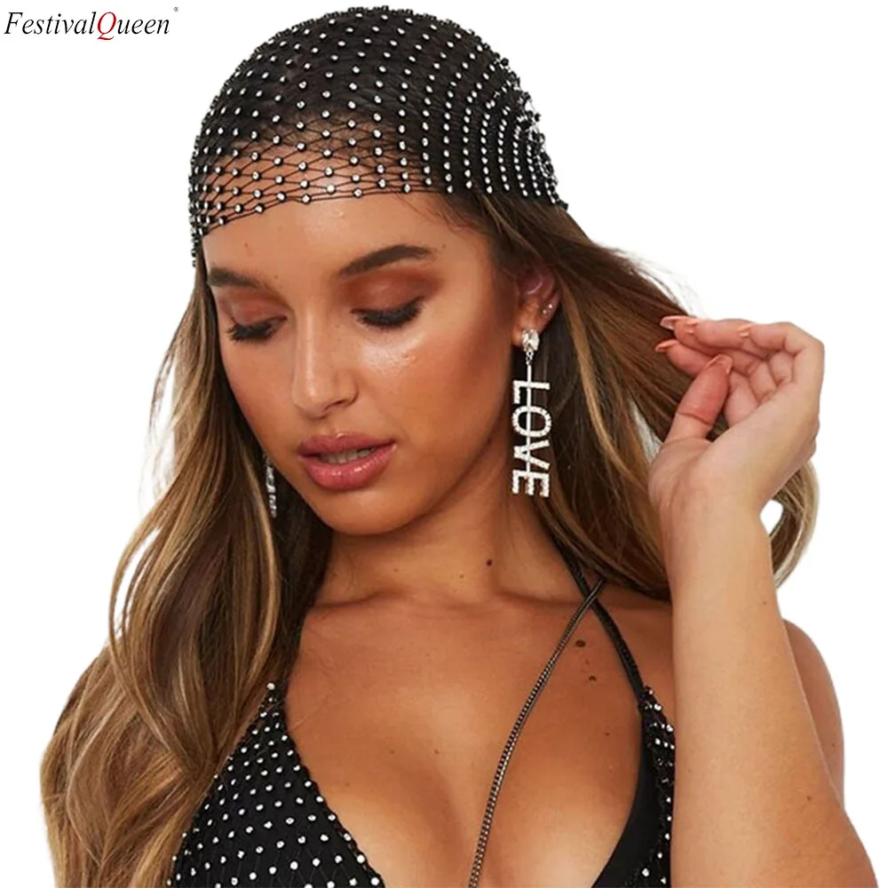 

FestivalQueen 1pc Rhinestone Crystal Embellished Fishnet Hair Scarf Glittering Mesh Veil Headband Elastic Hairband Personalized