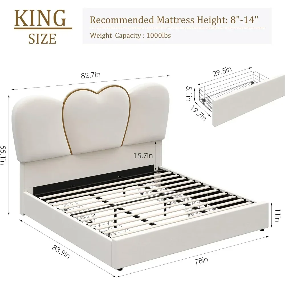 King LED Bed Frame with 4 Storage Drawers, Modern Velvet Upholstered Platform Bed with 55 Tall Heart Shaped Headboard, Beige Bed