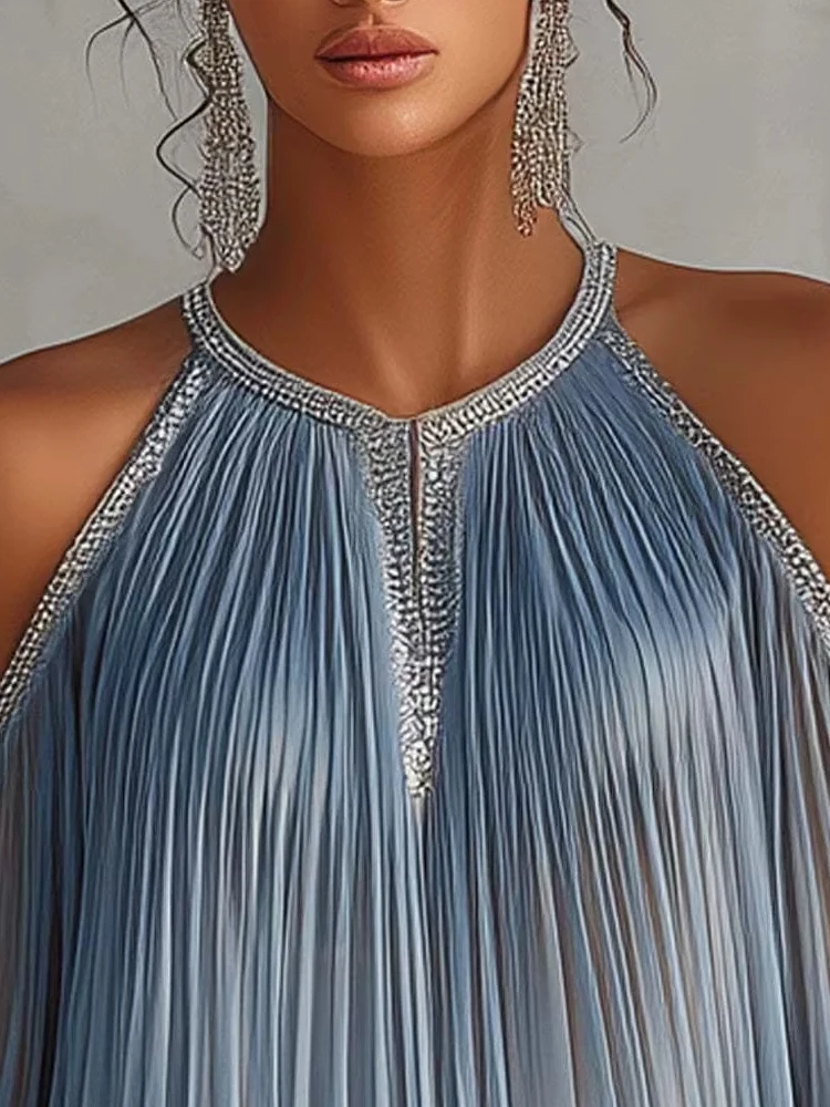 Halter Cold Shoulder Mini Dress Pleated Sheer Puff Sleeve Lace Hem Loose Dress Women Boho Summer Flowy Chiffon Cover Up Dress