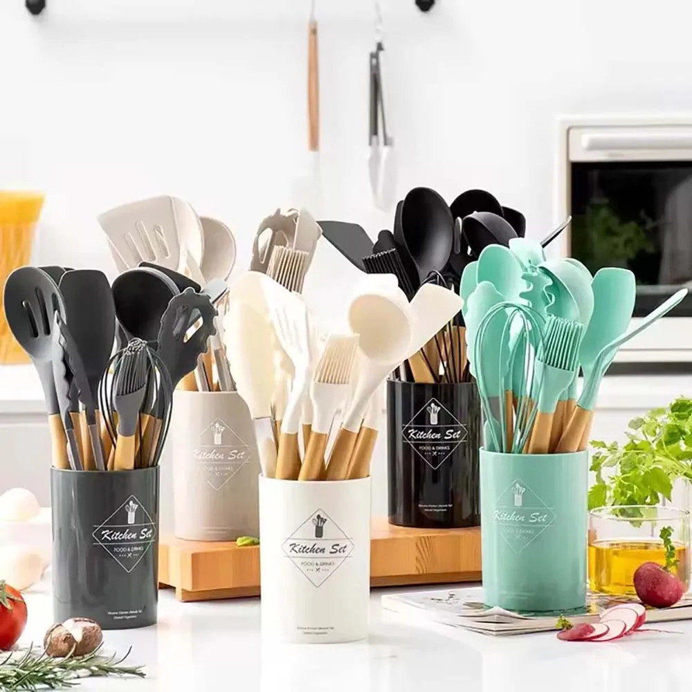 12pcs Set of Multi-color Silicone Wooden Handle Kitchenware Set Non Stick Pot Spatula and Spoon Cooking Utensils, Heat-resistant