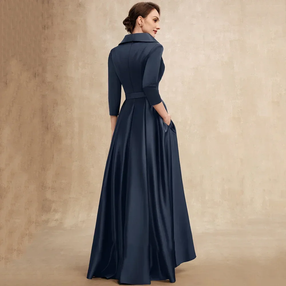 Customized Modern Style A-Line Ruffles Mother Dresses Classic Satin V-Neck Three Quarter Sleeve Floor-Length Bow Belt