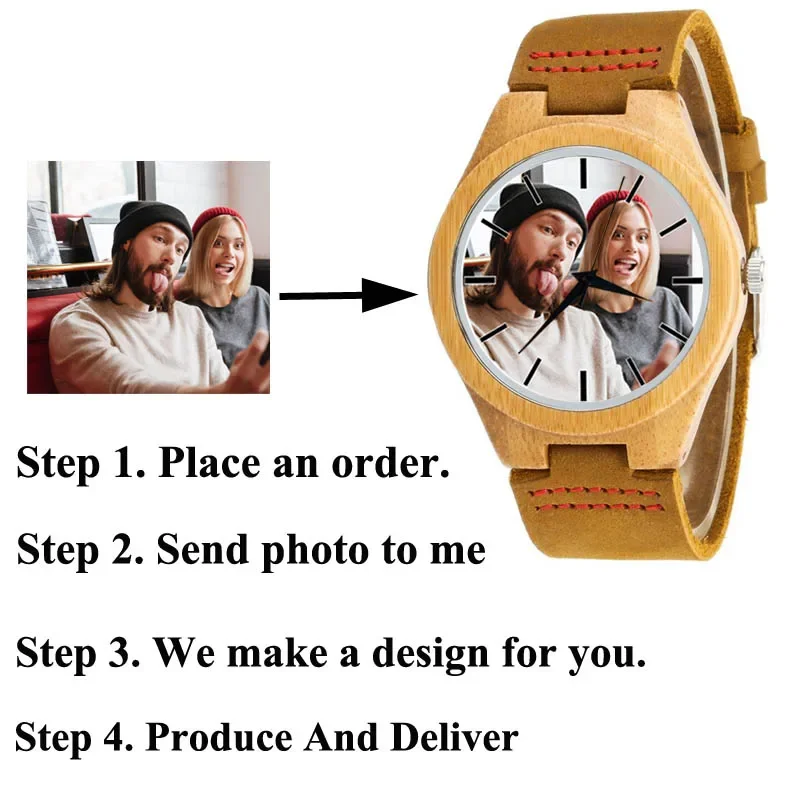 A3315m ساعة خشبية مخصصة للصور مطبوعة بشعار العلامة التجارية الخاصة بك من جلد الخيزران كوارتز كاجوال للرجال ساعات إبداعية خشبية