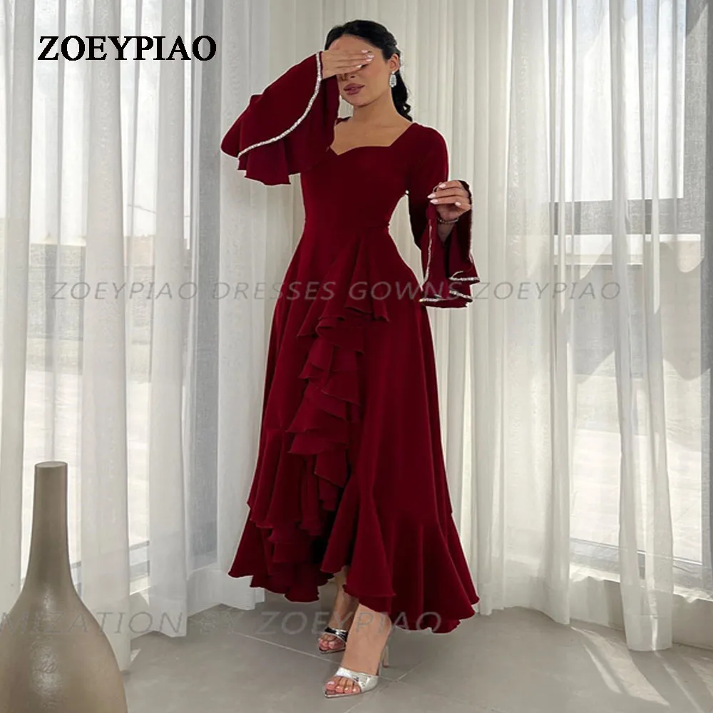 Gaun malam Formal Burgundy elegan gaun pesta model A-Line lengan Puff Sweetheart gaun Prom panjang sepergelangan kaki gaun pesta 2024