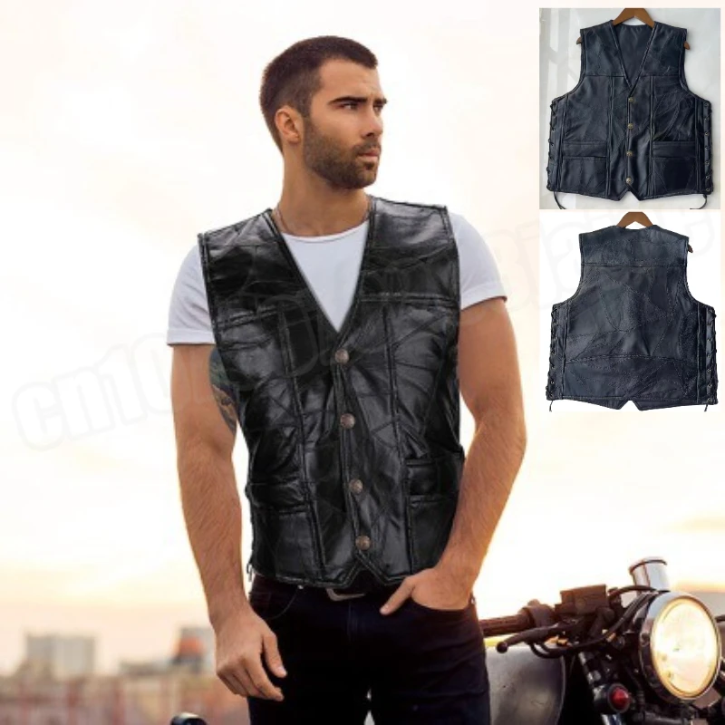 

Мотоциклетный жилет из искусственной кожи, мужской модный модный жилет без рукавов, повседневный жилет на пуговицах, мужской однотонный жилет большого размера