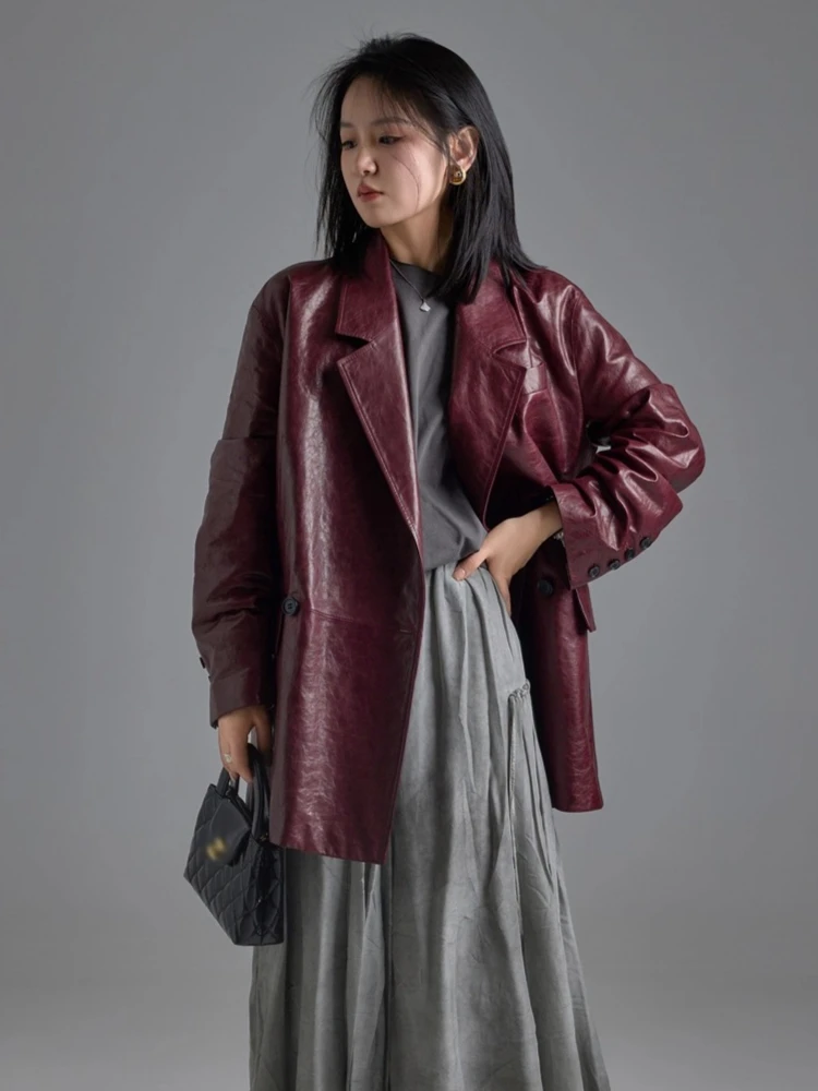 Vintage-Blazer aus echtem Leder für Damen, Herbst und Winter, 2022, neuer High-End-einfacher, lockerer, weicher Ölwachs-Mantel aus echtem Schaffell