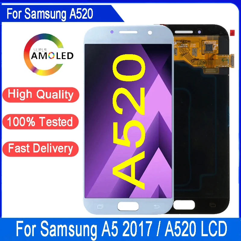 Tela Super AMOLED de 5.2 polegadas para SAMSUNG A5 2017, Digitalizador Touch Screen A520 A520F SM-A520F, Substituição de Tela para SAMSUNG A520 LC