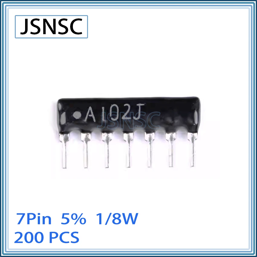 JSNSC 200PCS 7Pin A471J A102J A202J A222J A332J A472J A104J 470R 1K 2K 5.1K 10K 33K 47K 100K OHM 5% DIP Network Resistor Array