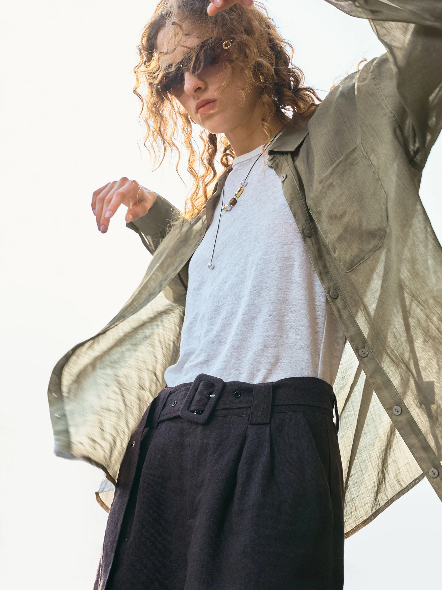 

Women's 100% Flax Shirt Summer Lightweight Sun Protection Tea Green Loose Fit Long Sleeve Neck Open Cardigan Style Top