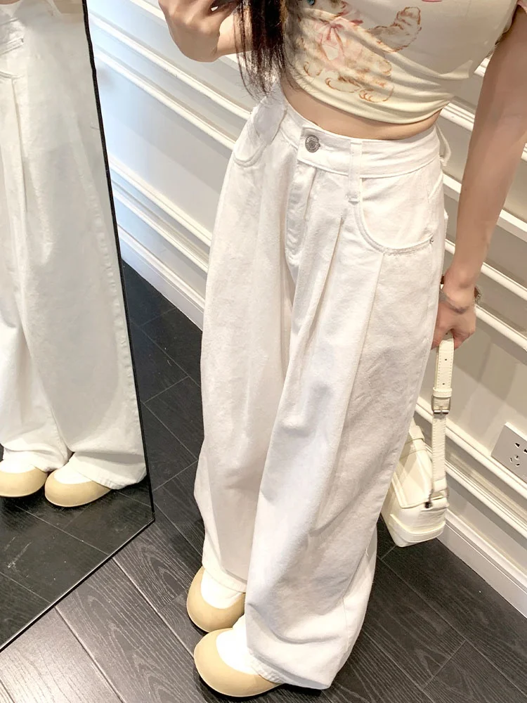 

Белые женские джинсы с высокой талией и широкими штанинами, новинка весны, свободные, прямые, в пол, повседневные, стройнящие