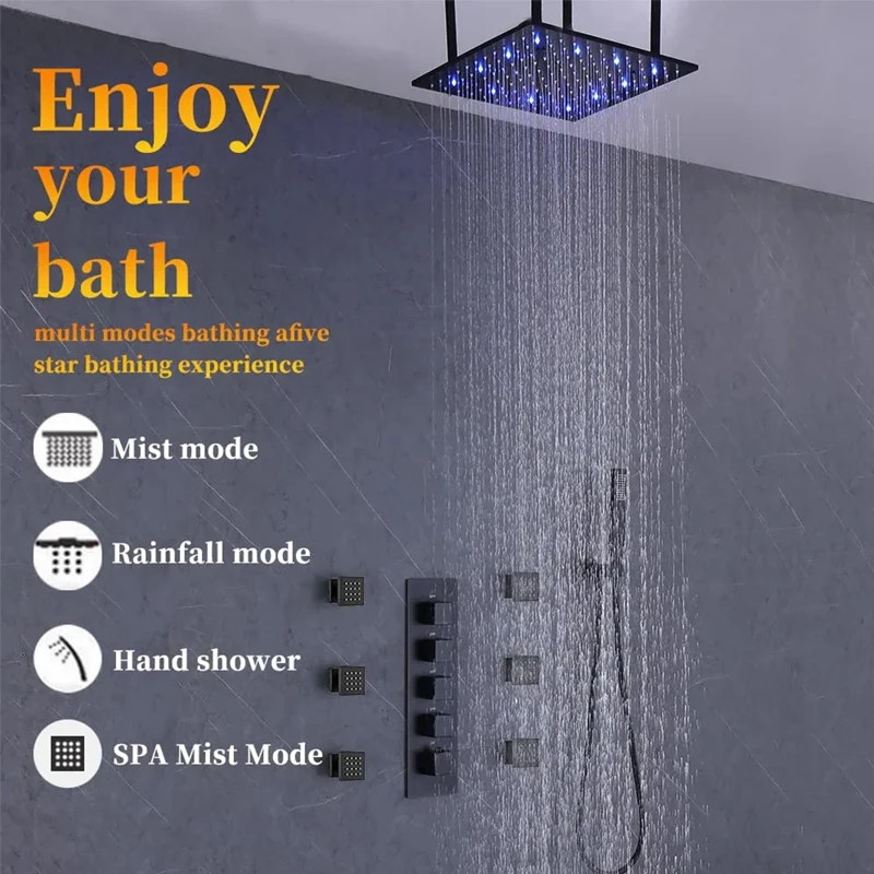 16inch Matte Black Rainfall LED Thermostatic Complete Shower System Full Body Rain Shower Faucets System set