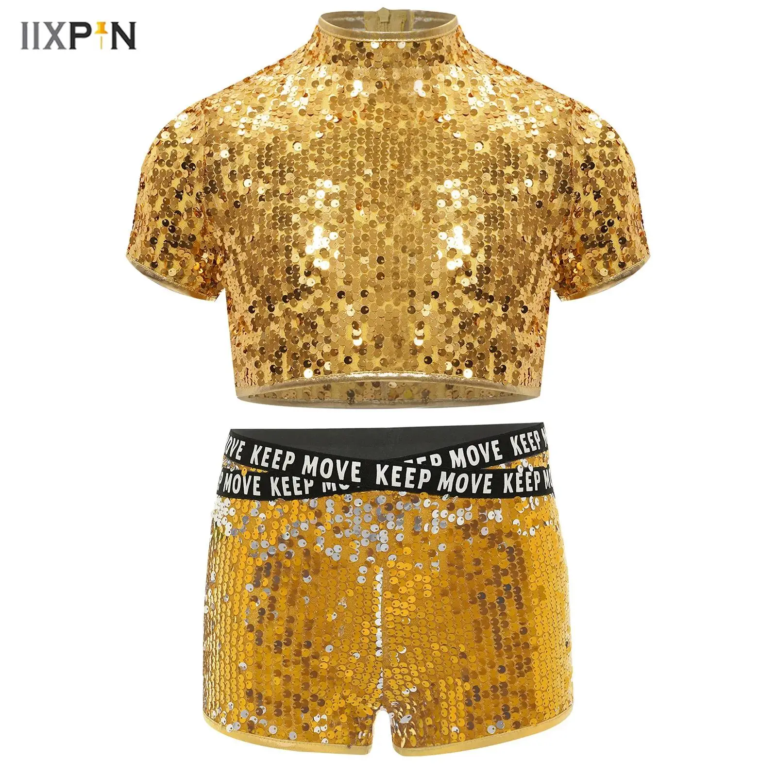 

2Pcs Kids Girls Cheerleading Jazz Dance Costume Mock Neck Short Sleeve Sparkly Sequins Crop Top+Booty Shorts Hip-hop Streetwear