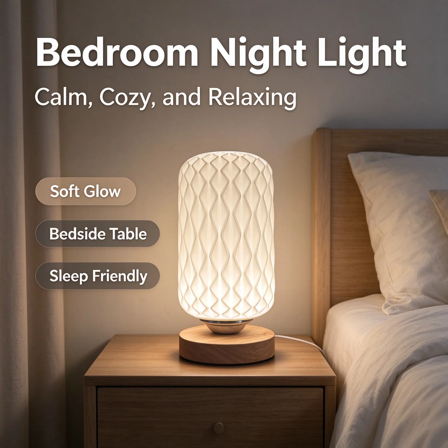 Nordic Minimalist 3D Textured LED Table Lamp Wood Base Bedside 3 Color Changing Ambient Night Light for Bedroom