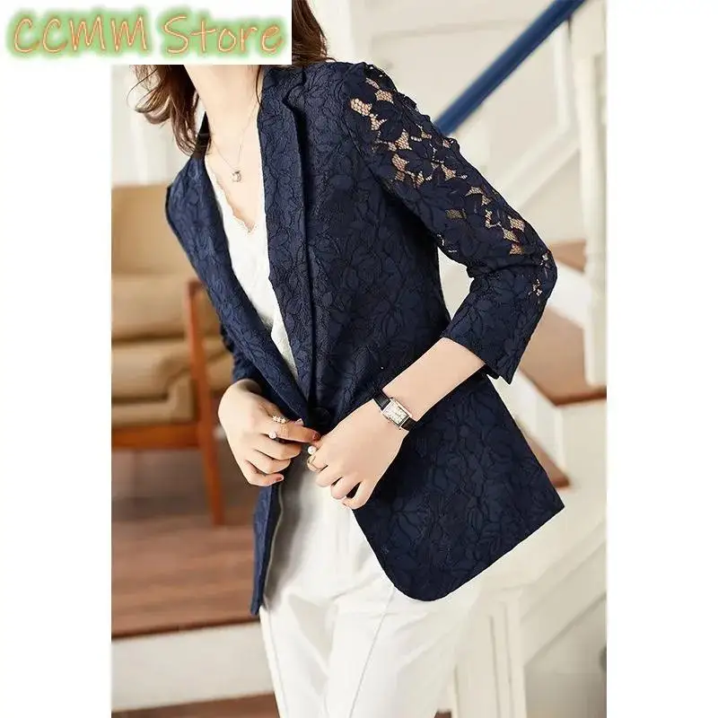 

New Size 6XL Lace Suit Jacket Female Autumn Summer Temperament Sunscreen Hollow Blue Ladies Blazer Women Tops Elegant