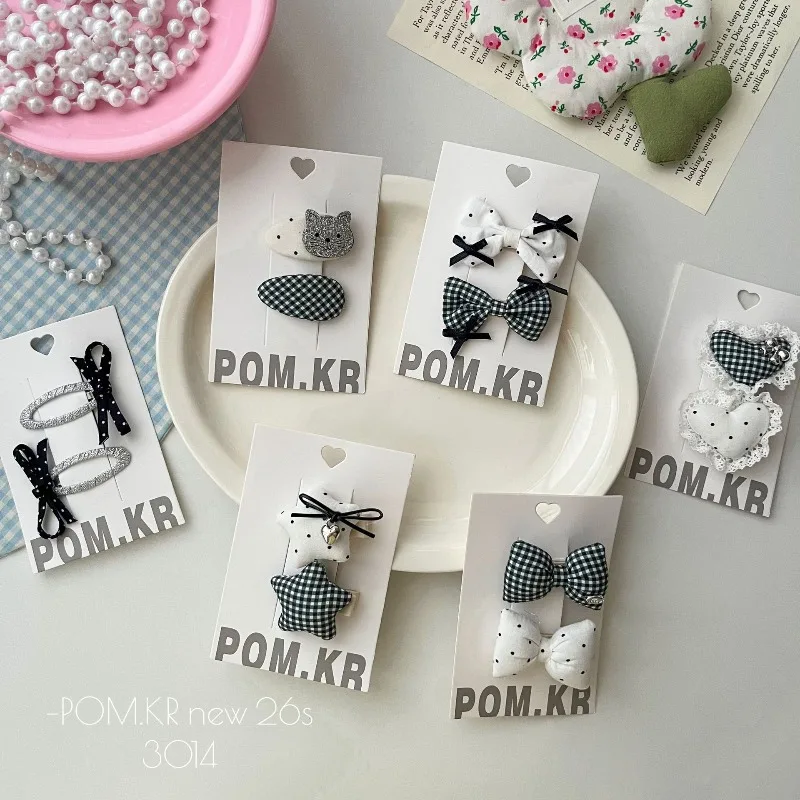 

2pcs/set INS Korean Style Black White Plaid Bow Hair Clip Fabric BB Clip for Girls Sweet Side Bangs Snap Clip for Kids Teen