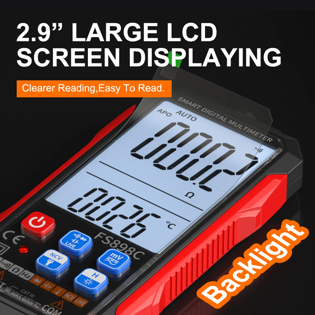 

Цифровой мультиметр FS898C с большим экраном, 6000 отсчетов, переключатель зуммера, тест диода и бесконтактное обнаружение напряжения для DIY