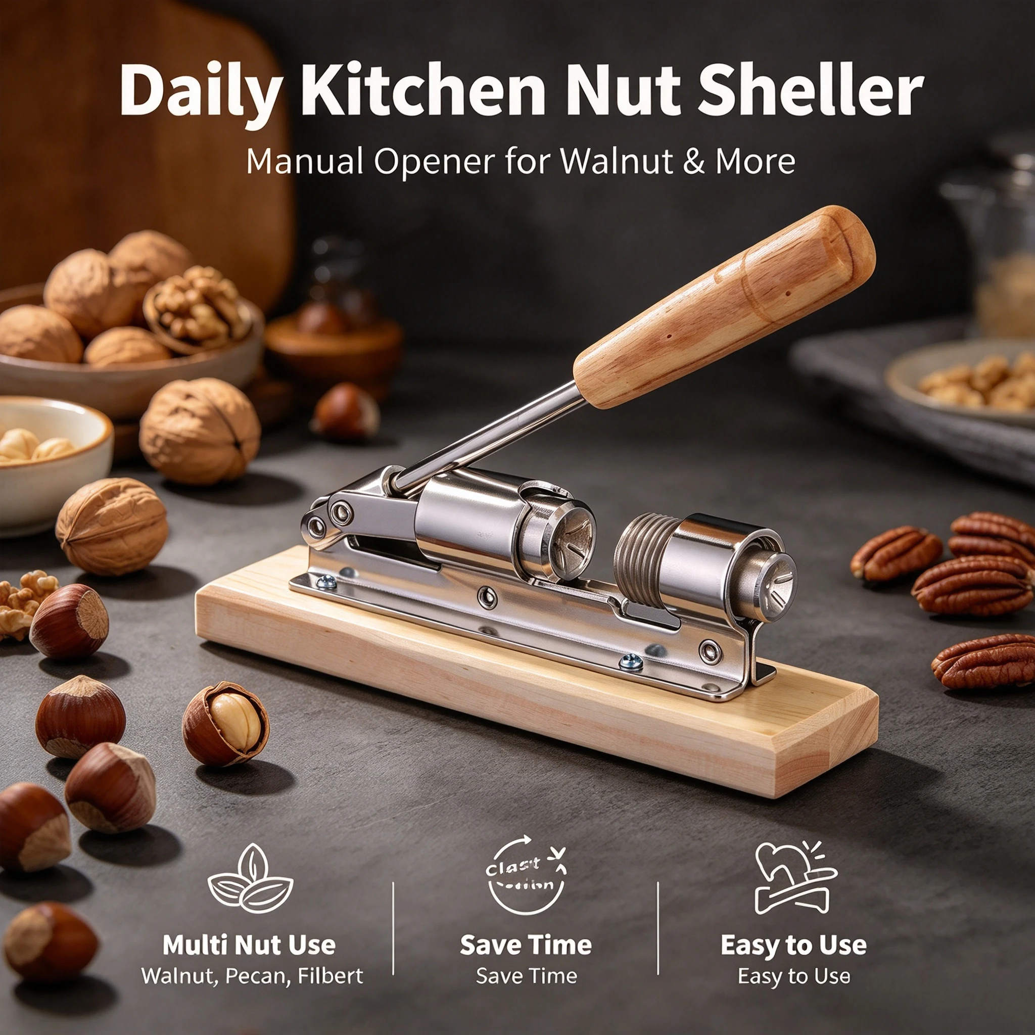 Manual Nut Cracker Stainless Steel Nut Opener Sheller for Pecan Filbert Walnut, Labor-Saving Fast Clamp Kitchen Tool with Anti-S