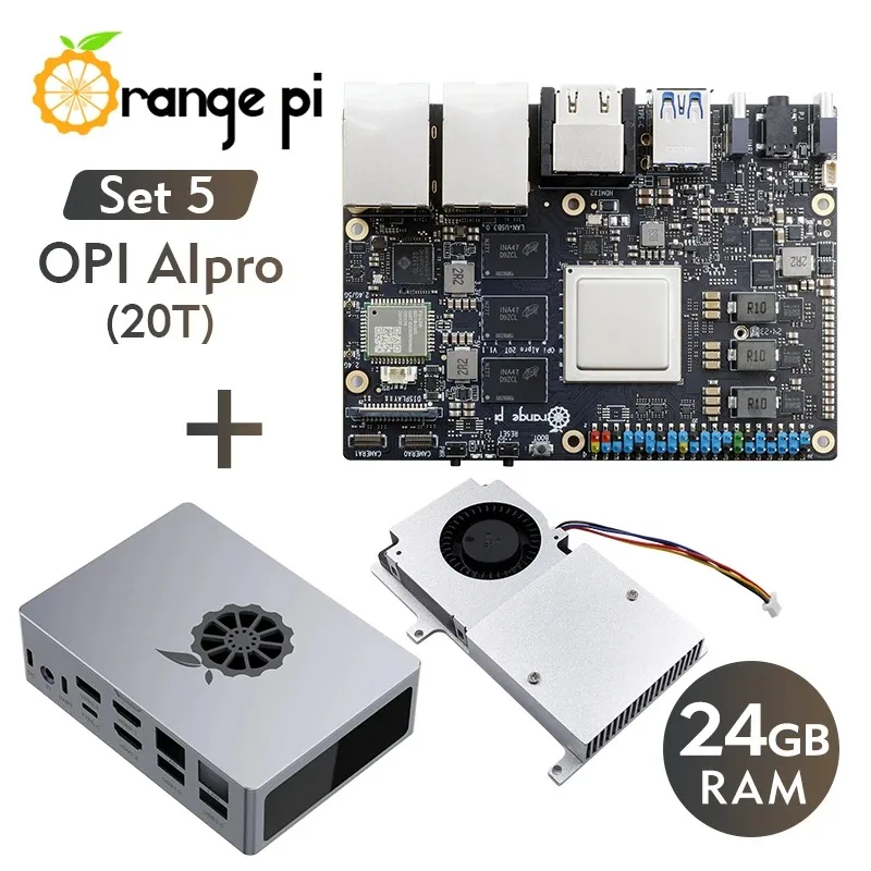 

Orange Pi AIpro 24 ГБ + металлический корпус + охлаждающий вентилятор, 20 топов Ascend AI Computing Power Processor WiFi + BT Мини-ПК Одноплатный компьютер