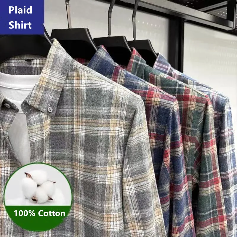 Oversized S~7XL Men's Plaid Shirt Long Sleeve Autumn Thick Flannel Soft Standard Fit 100% Cotton Single Pocket Casual Man Cloth