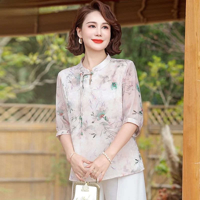 

Faionable Midi Sve Mommy Summer Top Trendy ort Sve Chiffon Women's T-irt Mid-aged And ly Summer Polyester Fiber