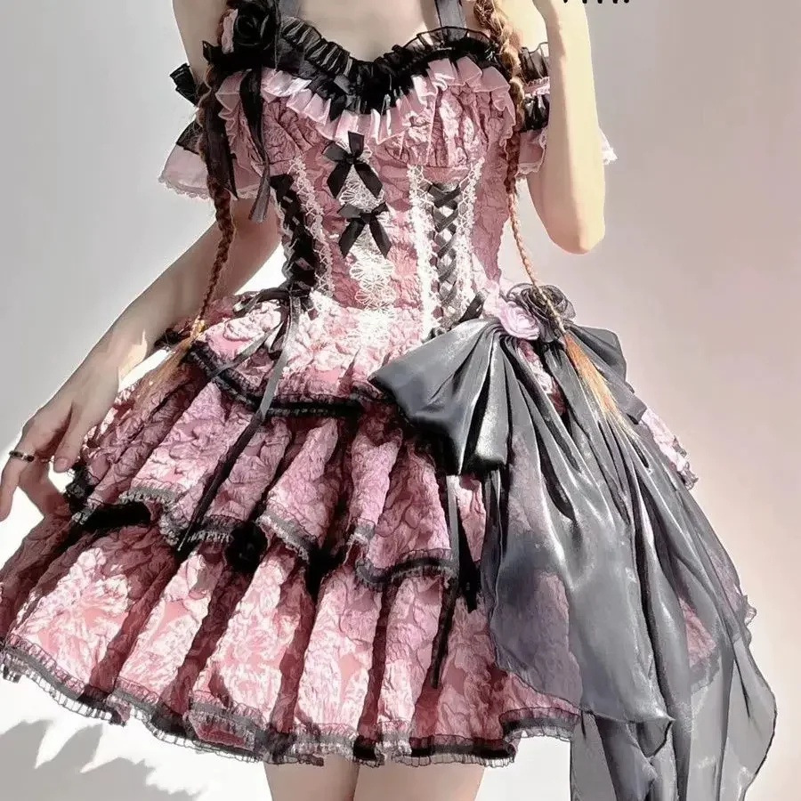 MAGOGO Gothic Lolita Jsk Dress Women Victorian Retro Elegant Flower Ruffles Lace Bandage Mini Dress Halloween Girl Sweet Dress