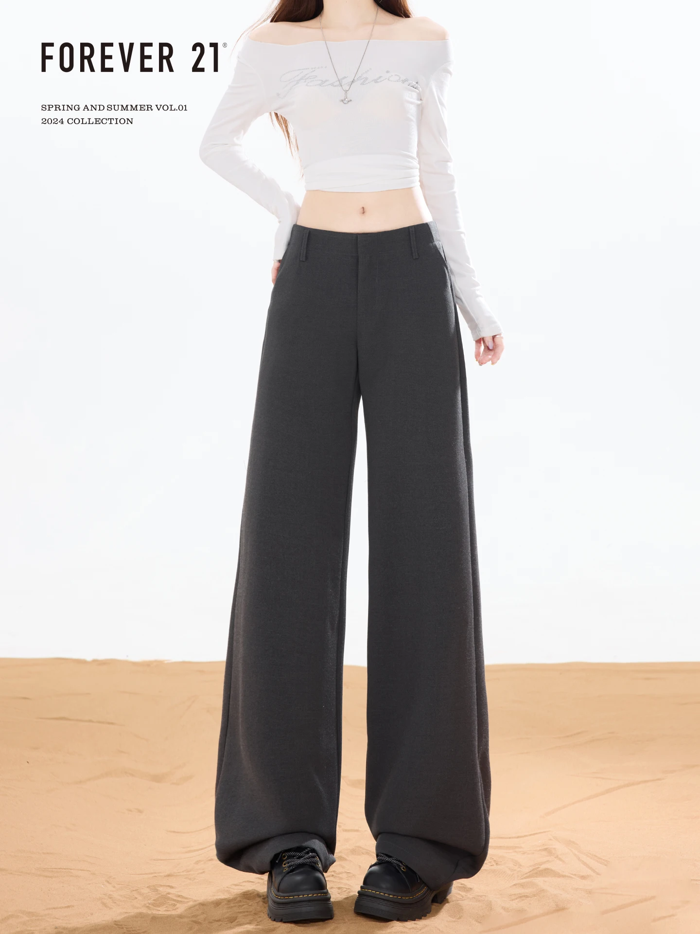 Forever 21 American Grey Wide Leg Drapey Casual Pants Women Loose Slim High Waist Narrow Straight Leg Suit Pants