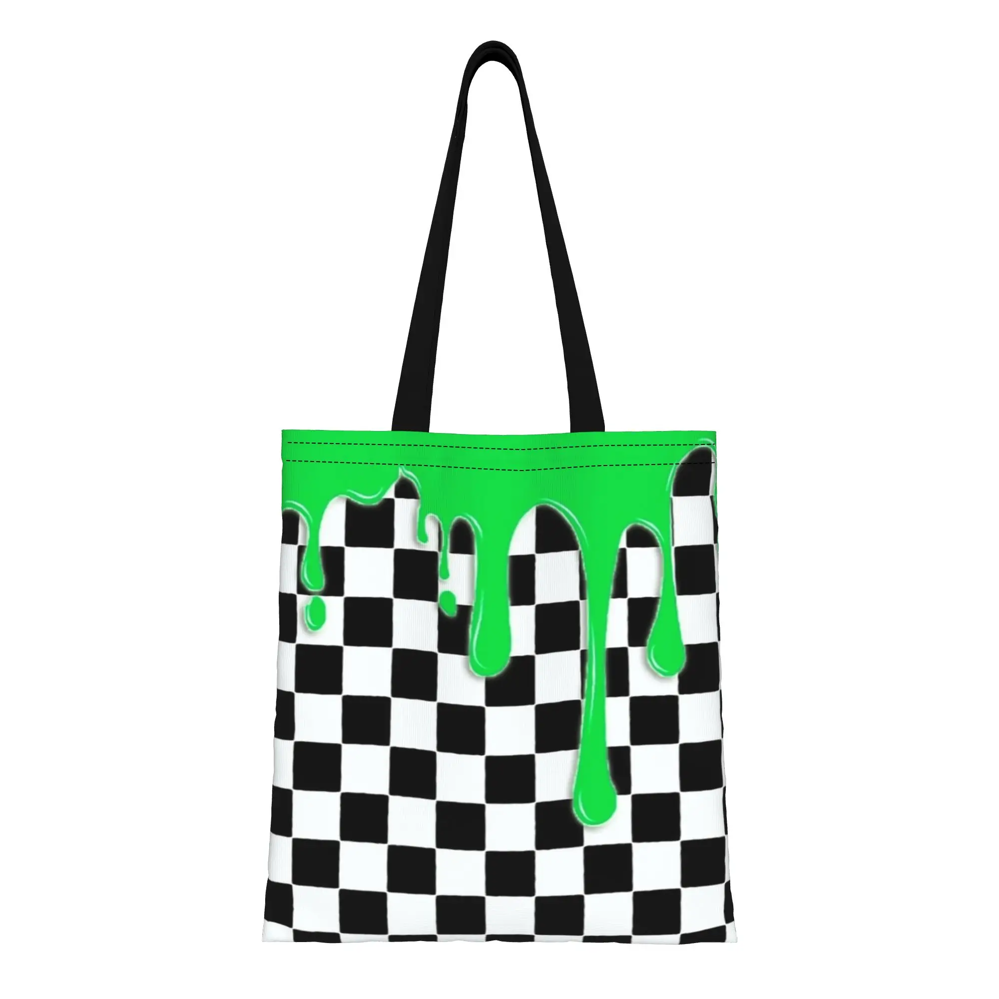 

ita bag Green checkered drip Reusable Double Sided Canvas Tote Bag Shoulder Handbag