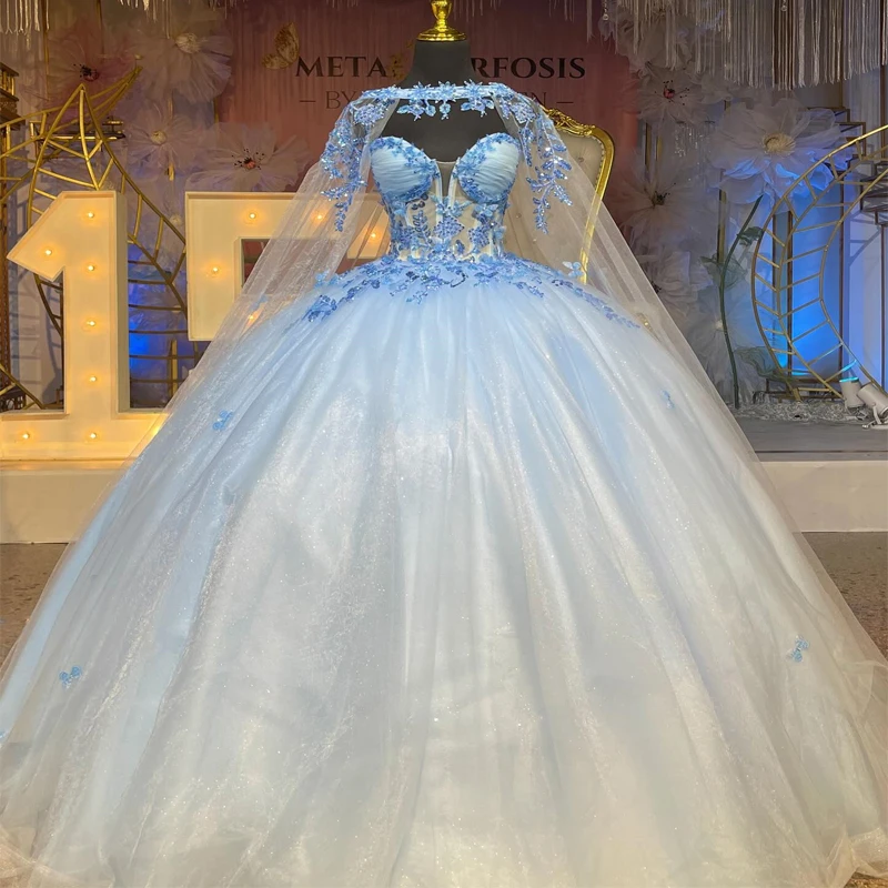 Sky Blue Princess Quinceanera Dress 2024 Ball Gown Flowers With Cape Appliques Lace Sweet 16 Dress Formal Occasion Gown