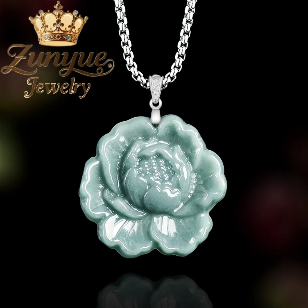 

Natural A-Grade Jadeite Blue Water Peony Flower S925 Silver Inlaid Ice-Type Jade Pendant Women's Pendant Necklace Fashionable