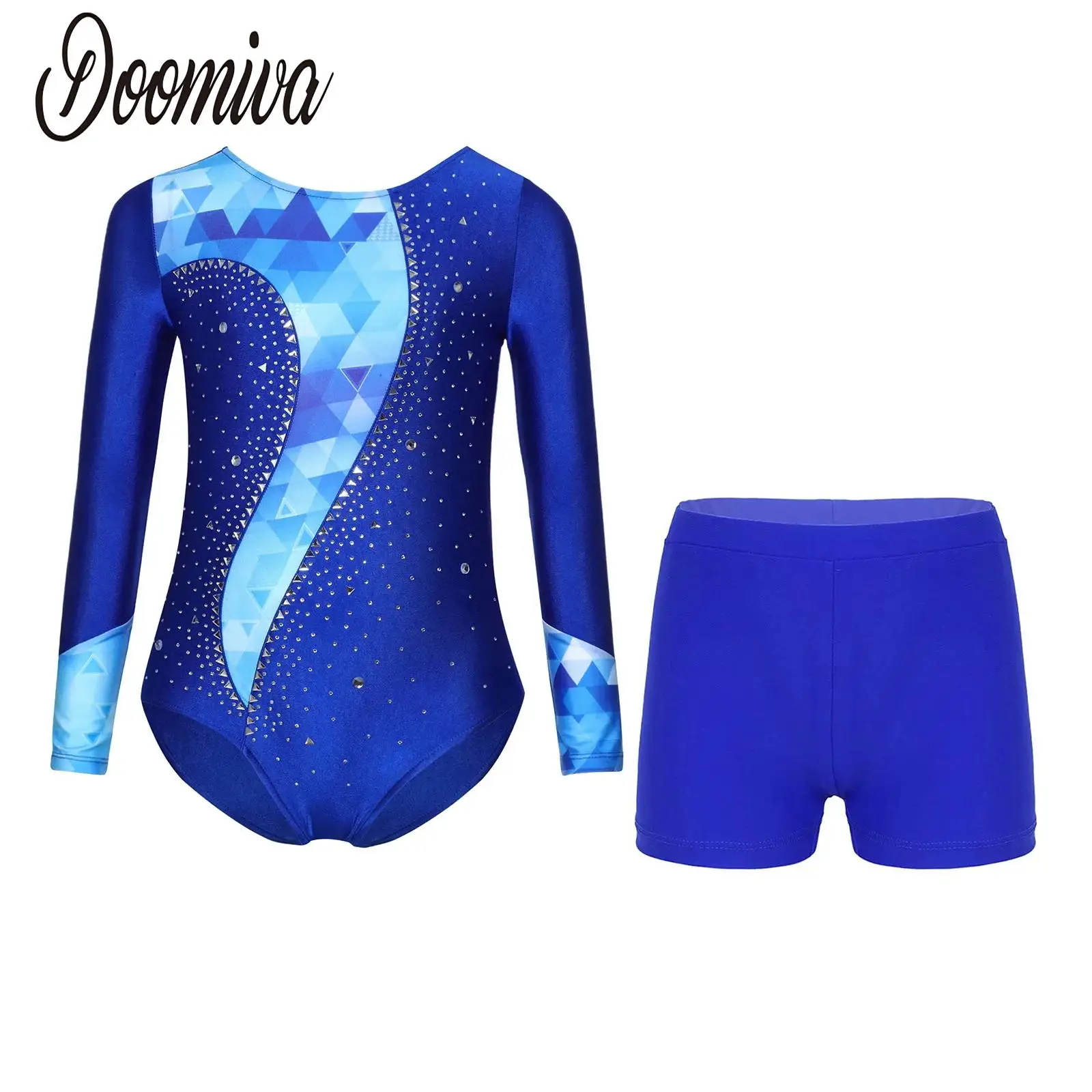 

Kids Girls Leotards Gymnastics Figure Skating Dance Costume Printed Ballet Dance Outfits Long Sleeve Unitard Jumpsuit and Shorts