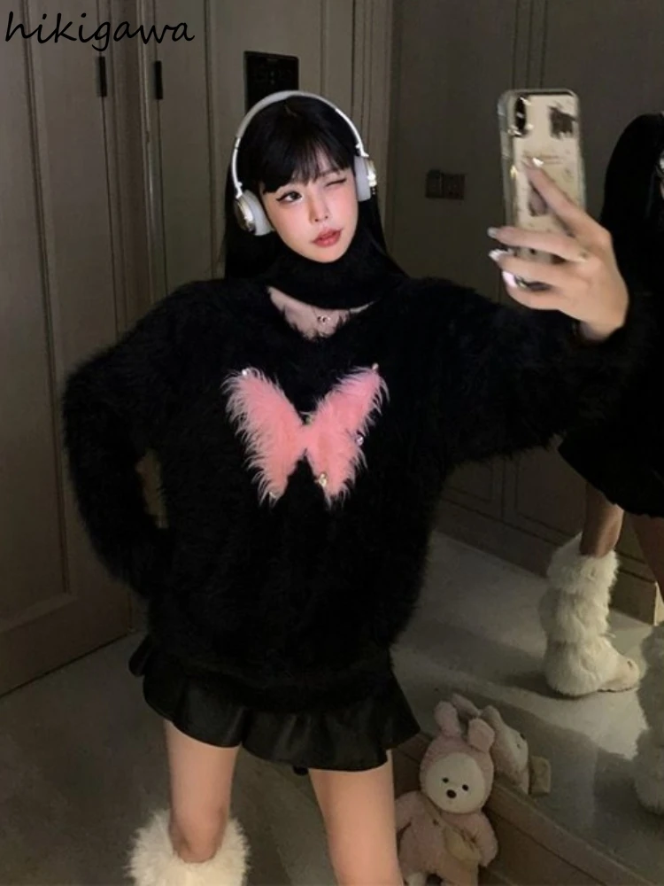 Oversized Pullovers for Women Korean Furry Jumper Pull Femme Fashion Butterfly Mohair Knitted Top Sueter Mujer Casual Sweater