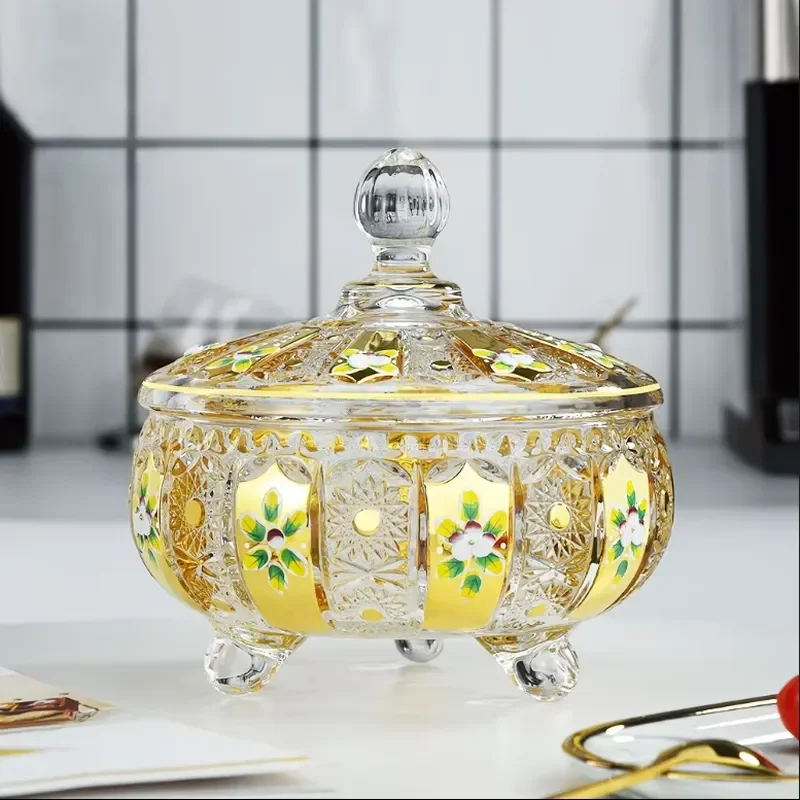 Gold Plated Enamel Crystal Glass Candy Jar With Lid Three Legged Decorative Container For Jewelry Storage Home Decoration