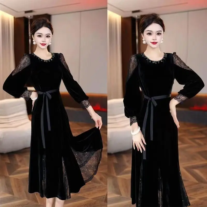 

Spring Autumn Round Neck Long Sleeve Vintage Midi Dress Women High Street Casual Sequined Patchwork Dresses Elegant Vestidos
