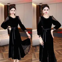 Spring Autumn Round Neck Long Sleeve Vintage Midi Dress Women High Street Casual Sequined Patchwork Dresses Elegant Vestidos