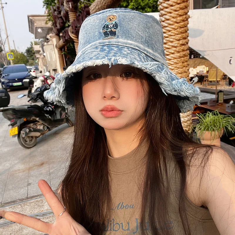 

​​Distressed Denim Bucket Hat, Women's Washed Fisherman Hat with Frayed Edge and Bear Patch, Vintage Boho Summer Cap