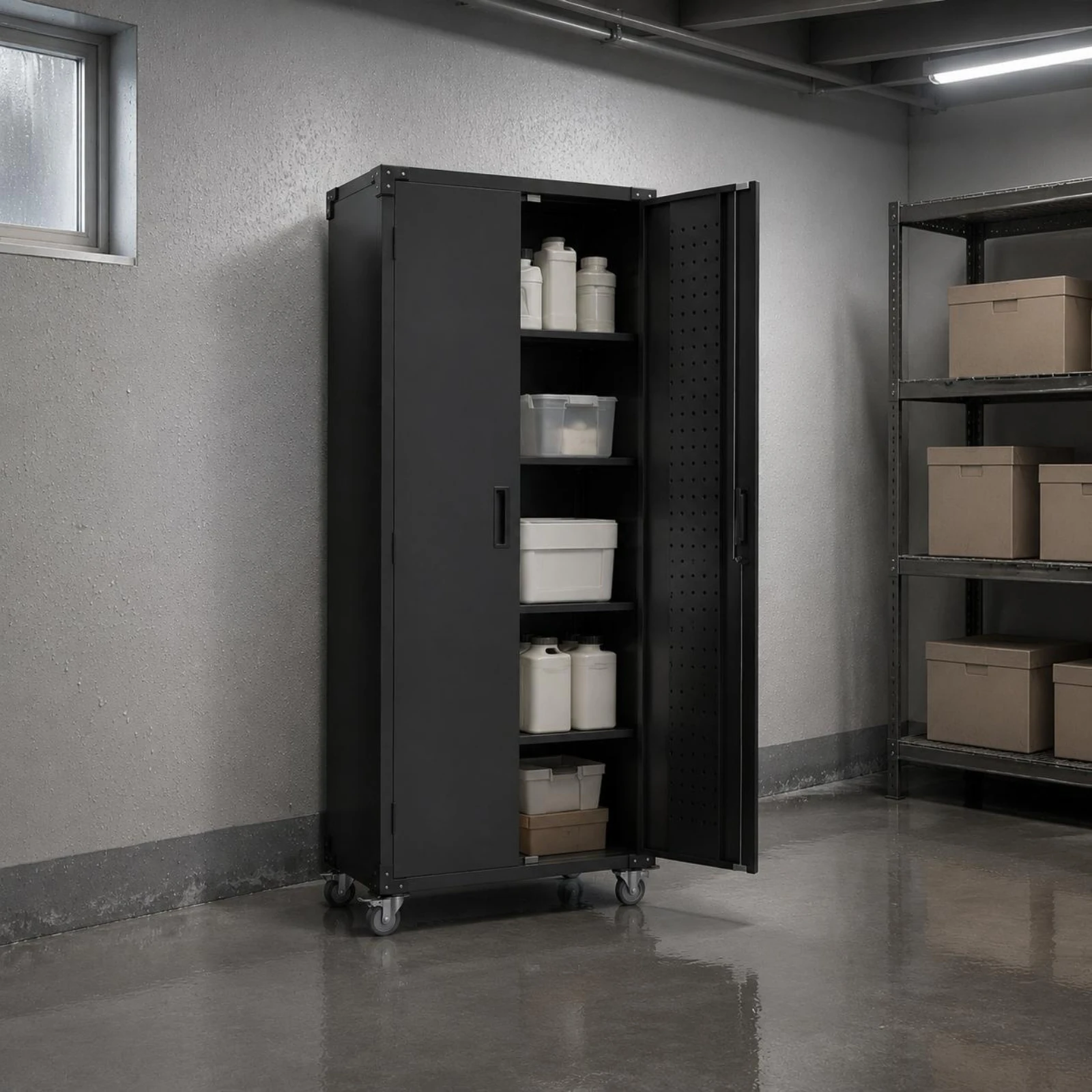 Metal Storage Cabinet Lockable Casters Rolling Storage Cabinet Household Organizer Removable Shelves Black for Office, Home