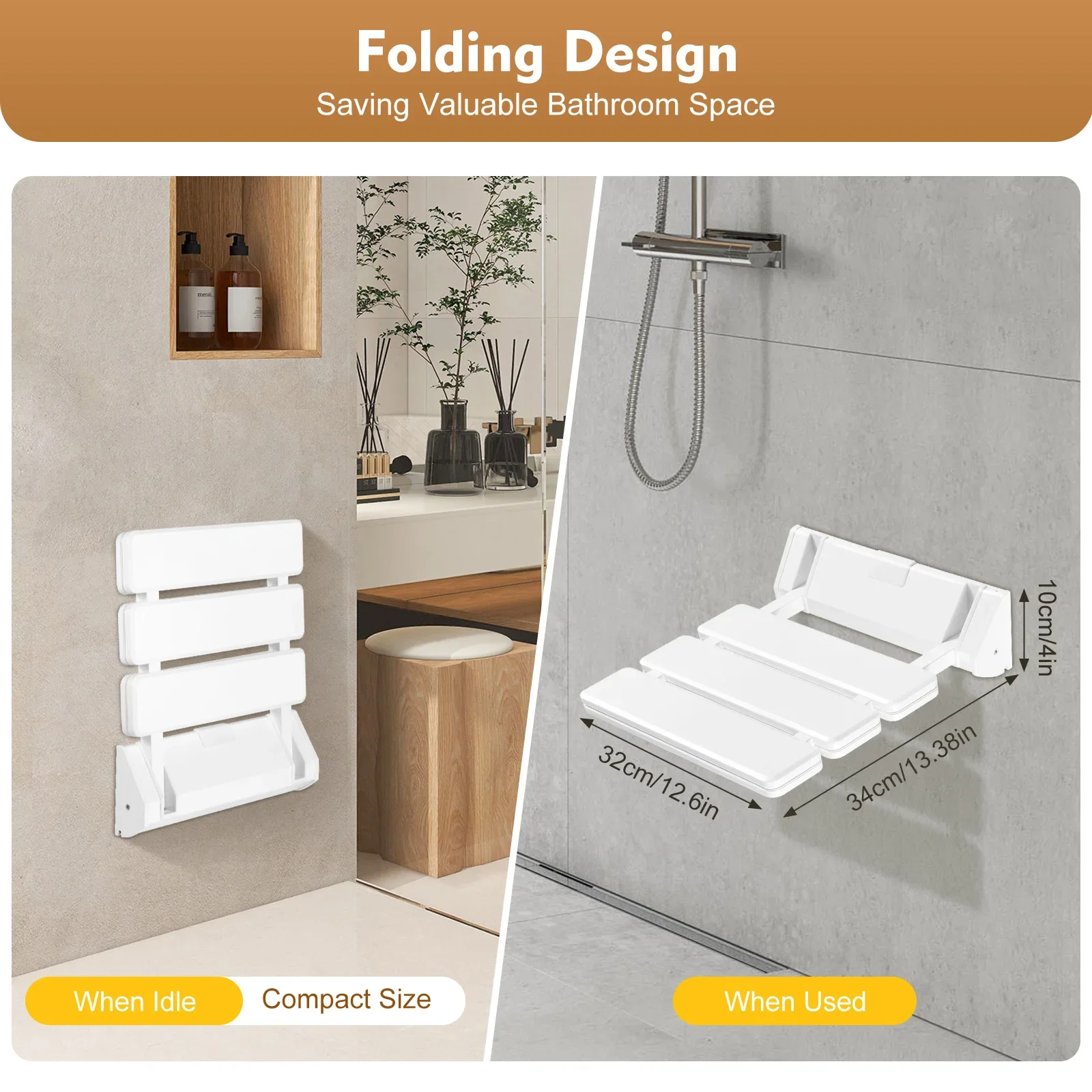 90° Folding Shower Seat Wall-Mounted Waterproof Shower Bench Shoe Changing Stool White Load 130kg for Bathrooms Porches 32*34cm