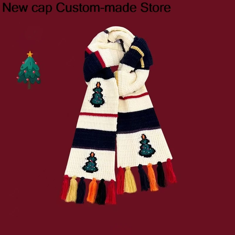 

Новый рождественский шарф с кисточками, теплый и милый шарф из пряжи с вышивкой, рождественский подарок для пары