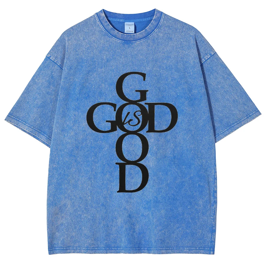 God Is Good Y2k Short Sleeves Washed T-Shirt, Creative Printed Unisex Vintage Streetwear New Fashion Casual Tops Plus-Size