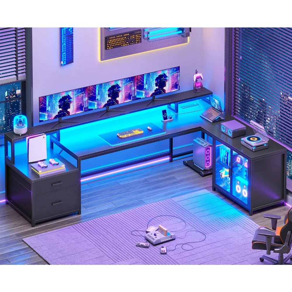 

L-shaped gaming table, 78.7-inch large computer desk with drawers, power sockets, and LED lights, corner gaming table