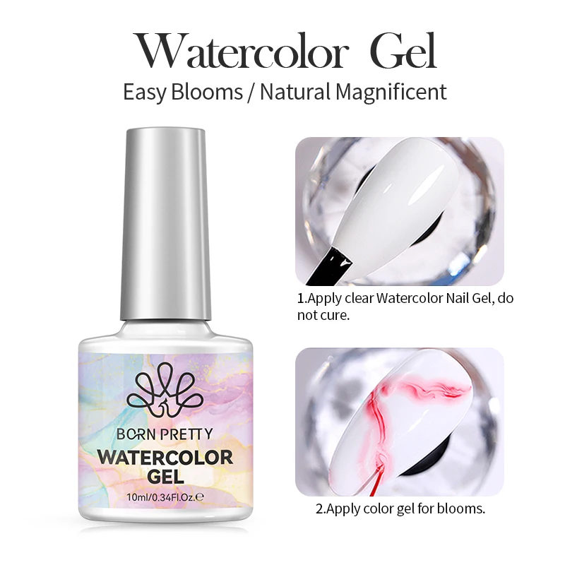BORN PRETTY Clear Blooms Gel 10ML Soak Off Watercolor Nail Gel Polish for Spreading Effect Marble Gel Nail Polish Painting Nails